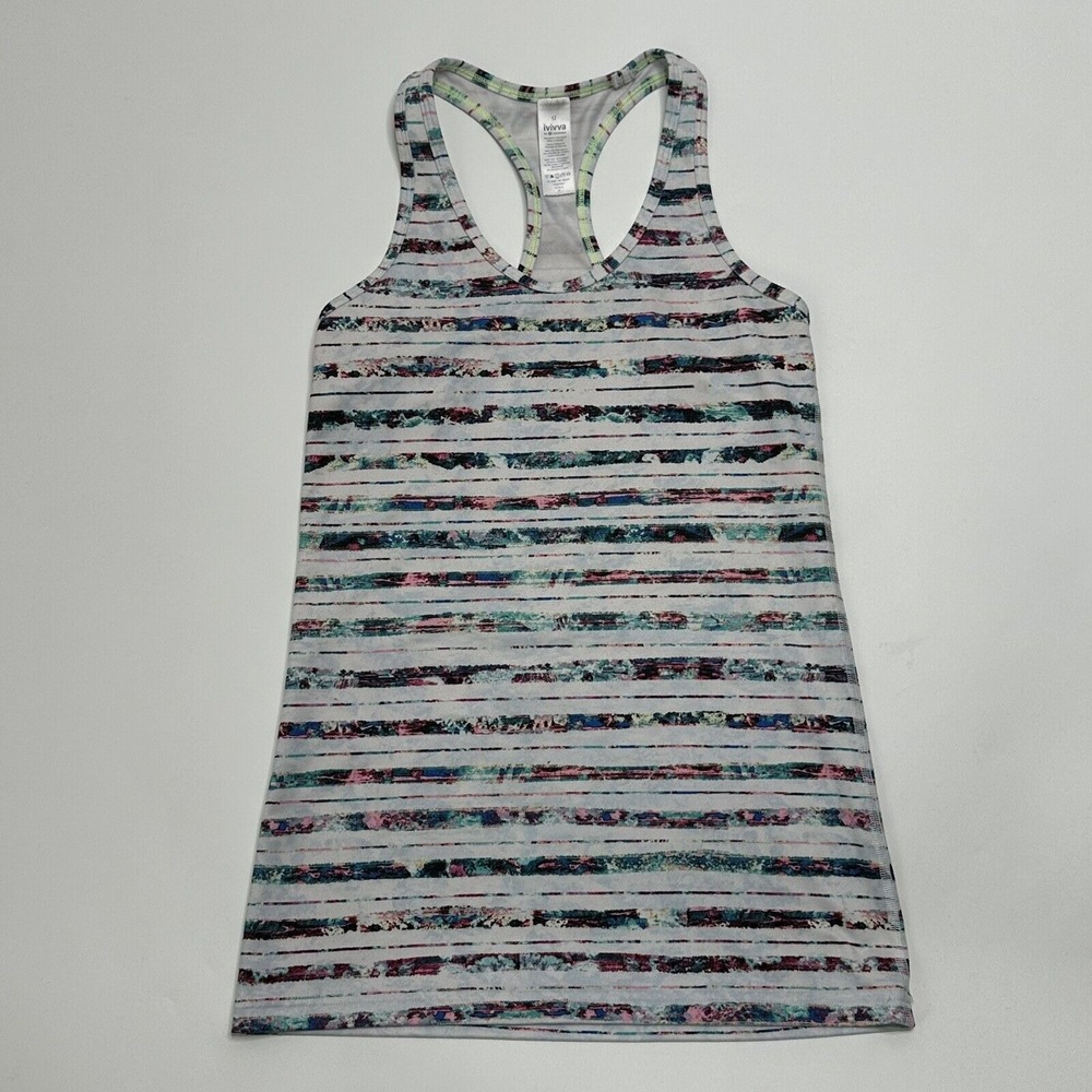 Ivivva Girls Sz 12 Lululemon Racerback Tank Top Pink/Blue White Striped Athletic
